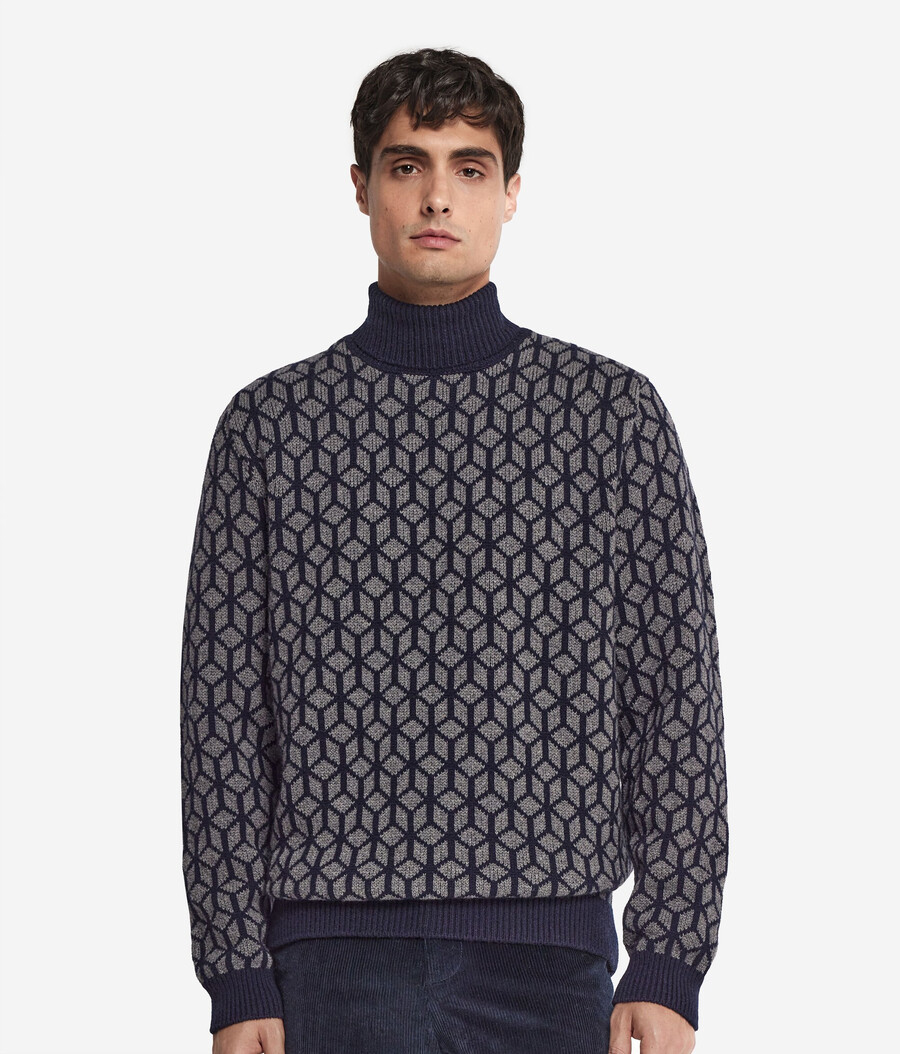 jacquard kashmirtröja med polotröja och optiskt motiv